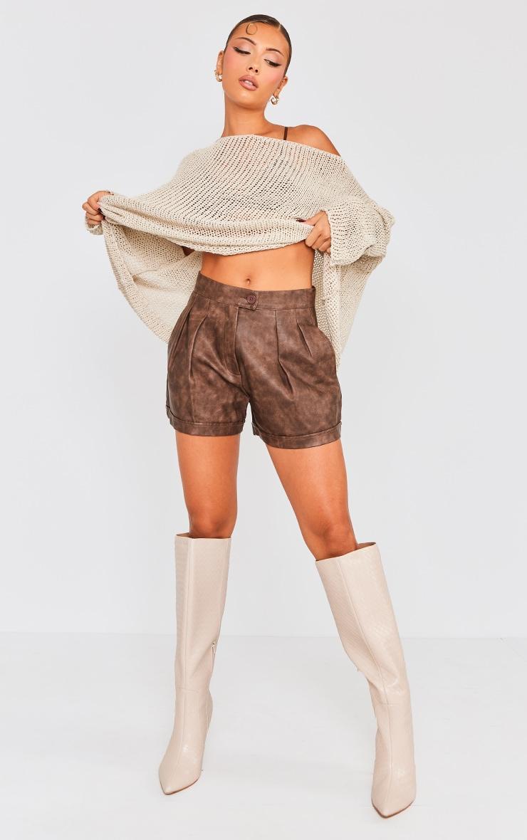 Premium Brown Washed Faux Leather Pleat Detail Shorts Product Image