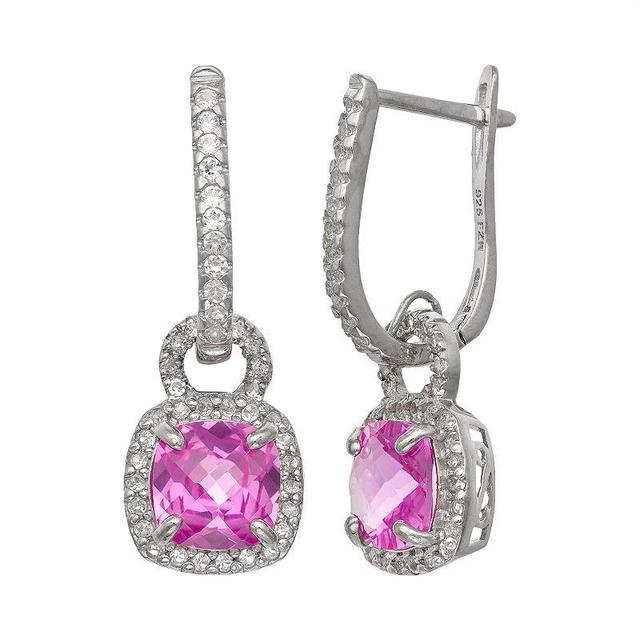 Sterling Silver Lab-Created Pink and White Sapphire Square Halo Drop Earrings, Womens, Multi Product Image