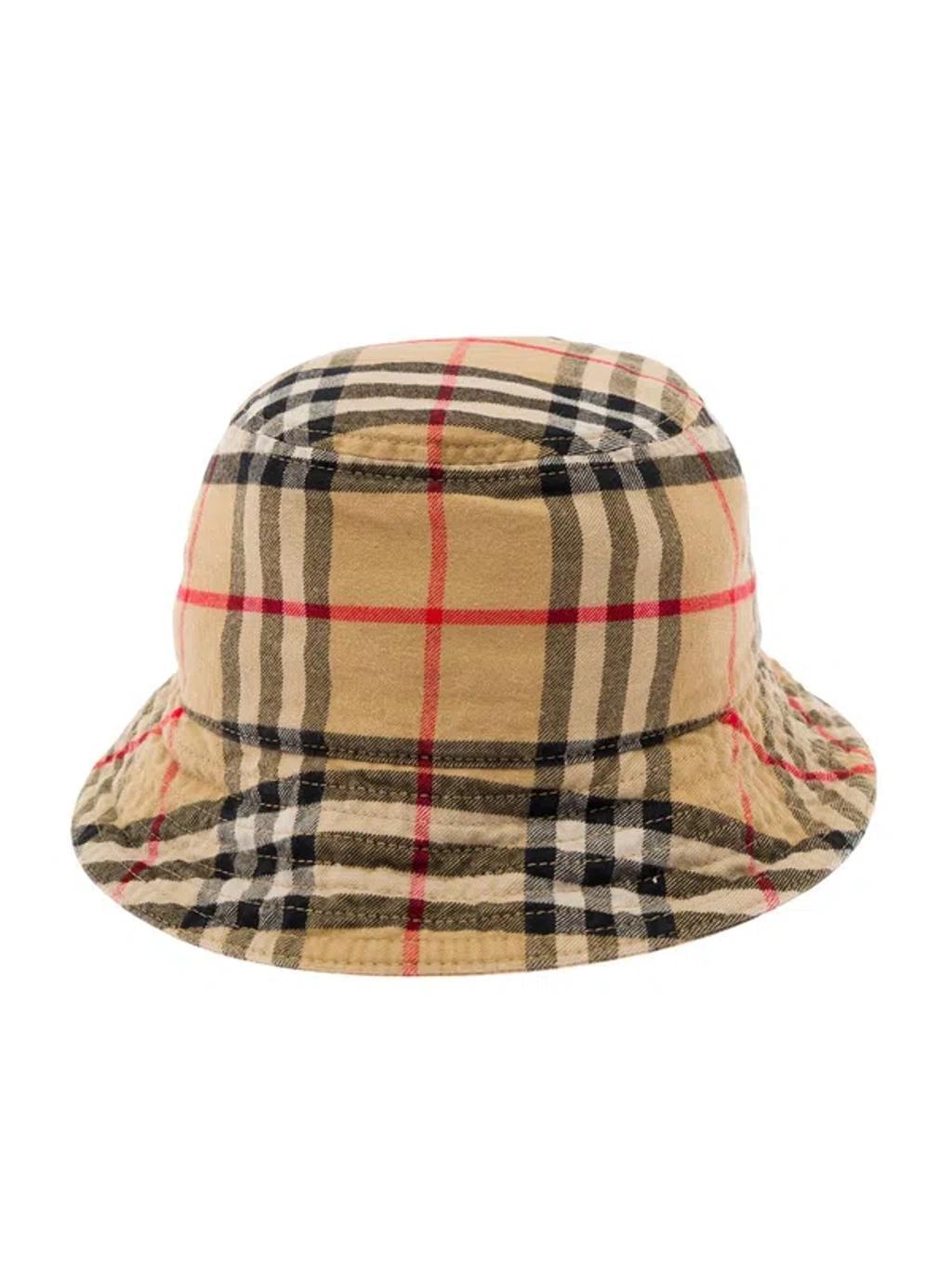 Beige Bucket Hat With Check Motif In Cotton Man Product Image