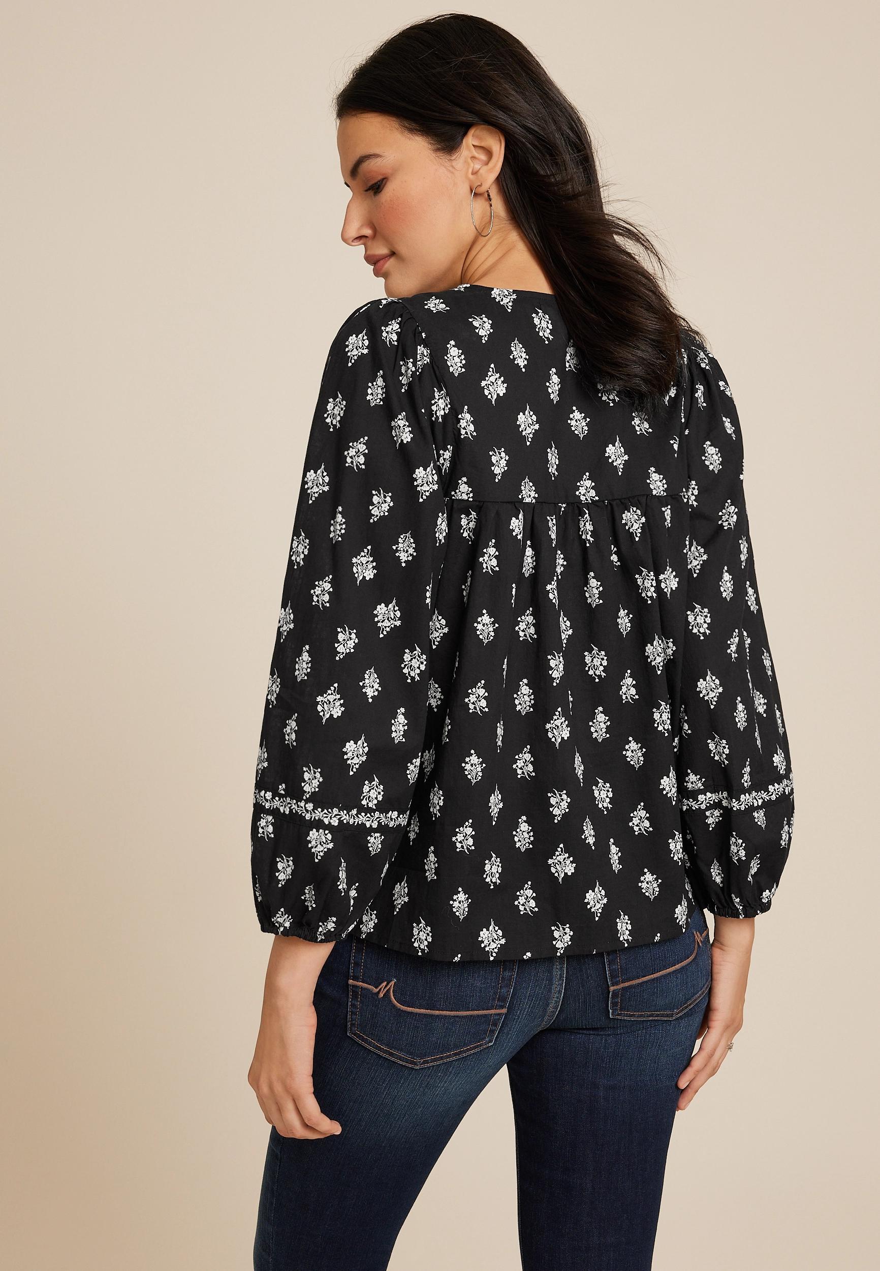 Black Floral Peasant Blouse Product Image