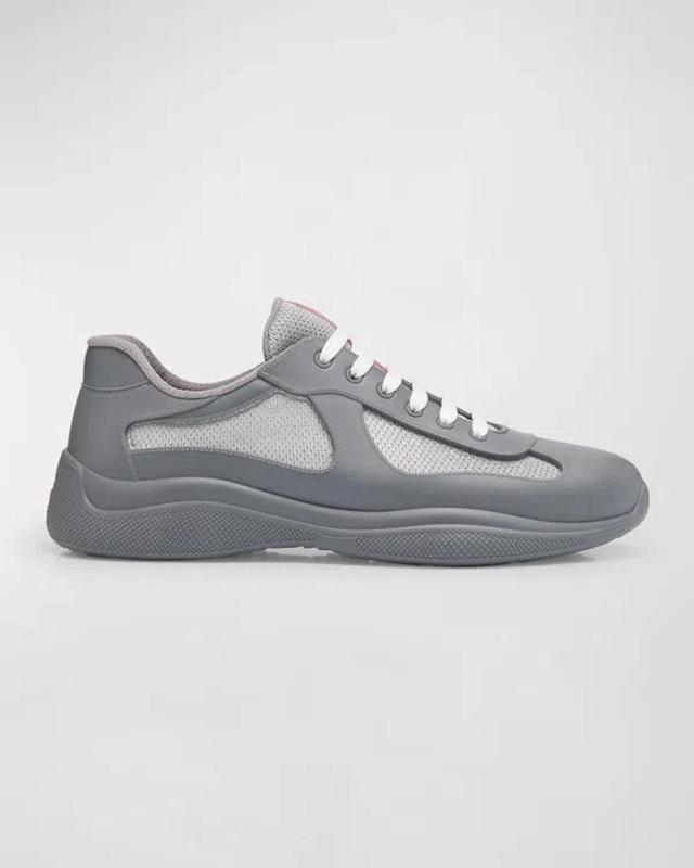 PRADA Mens Gold/silver America's Cup Original Leather And Mesh Trainers In Steel Grey Product Image