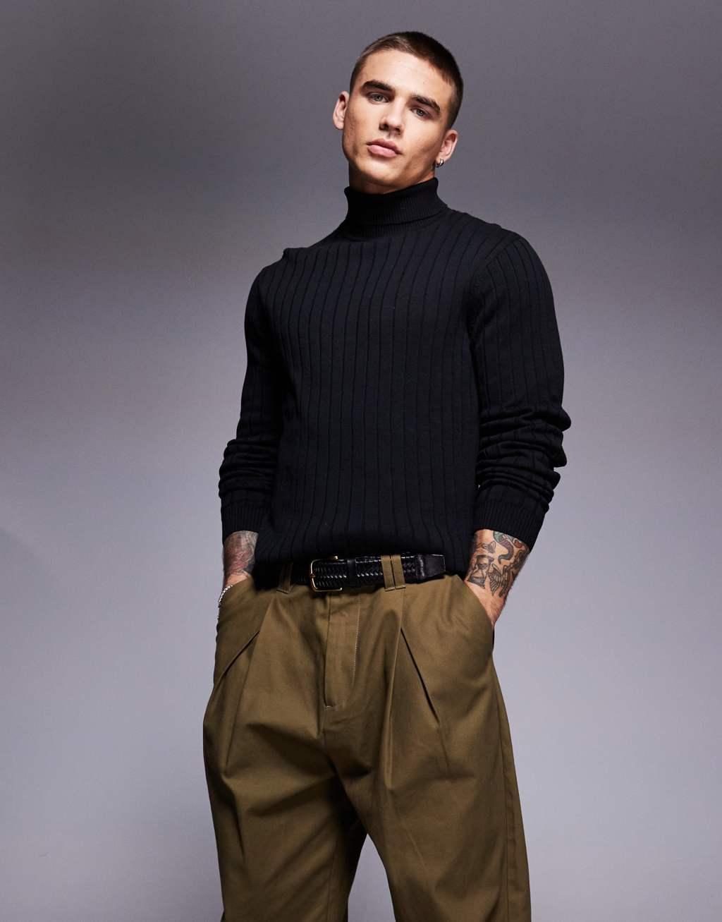 ASOS DESIGN essential muscle fit knitted rib roll neck sweater in black Product Image