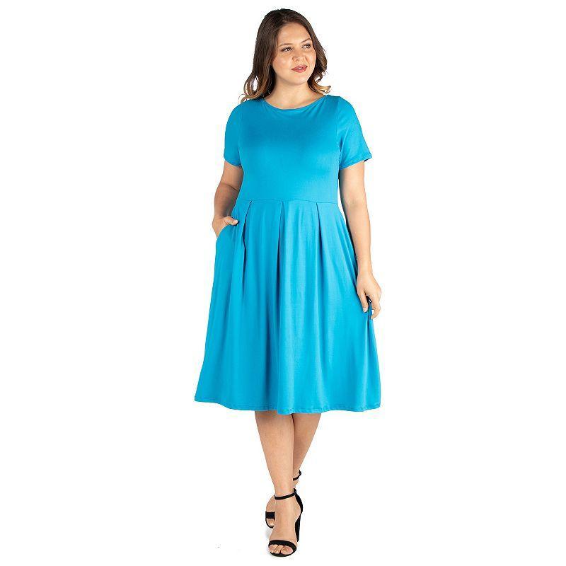 Plus Size 24seven Comfort Apparel Short Sleeve Midi Skater Dress With Pockets, Womens Turquoise Product Image