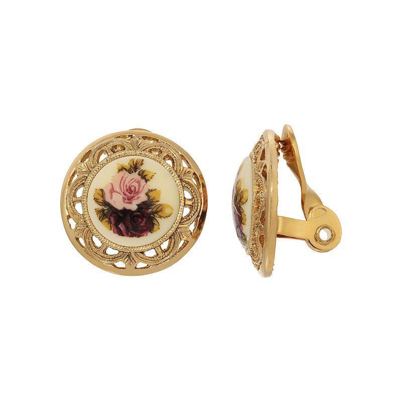 1928 Gold Tone Rose Round Clip On Earrings, Womens, Pink Product Image