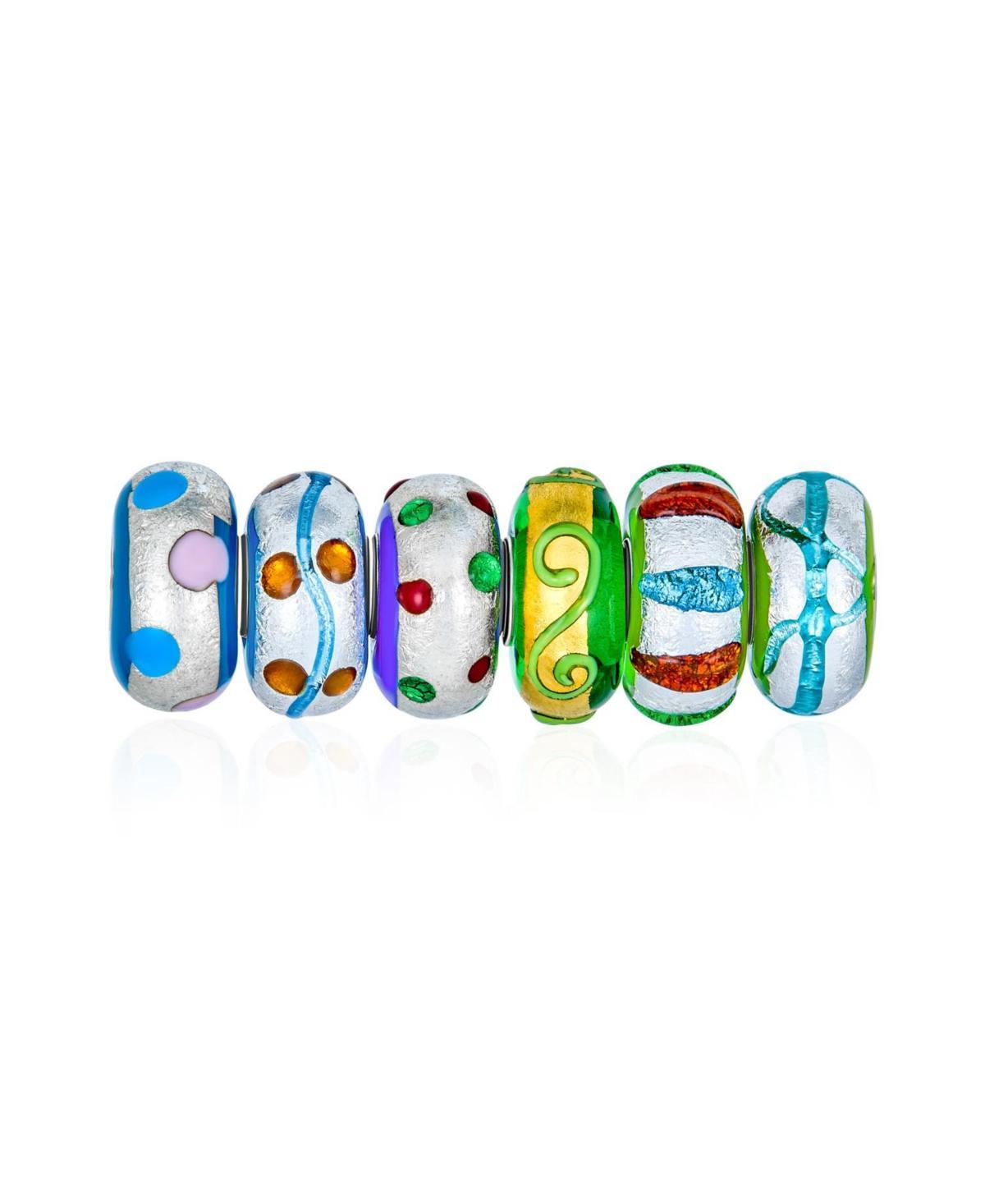 Bling Jewelry Bundle Set of 6 Murano Glass 3D Lamp Work Multi Color Green Blue Gold Foil Metallic Hand Painted Stripe Dots Swirl Charm Bead For Women Product Image