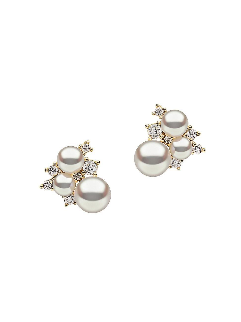 Womens Trend 18K Yellow Gold, Diamond, & 3-5MM Cultured Freshwater Pearl Stud Earrings - Silver - Silver Product Image