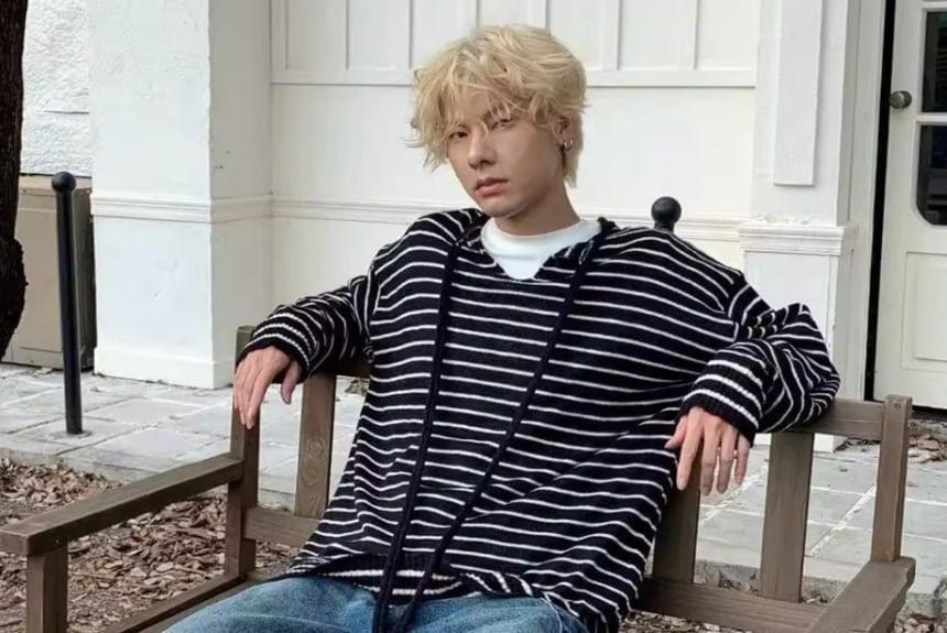 Drawstring V-Neck Striped Oversized Sweater Product Image