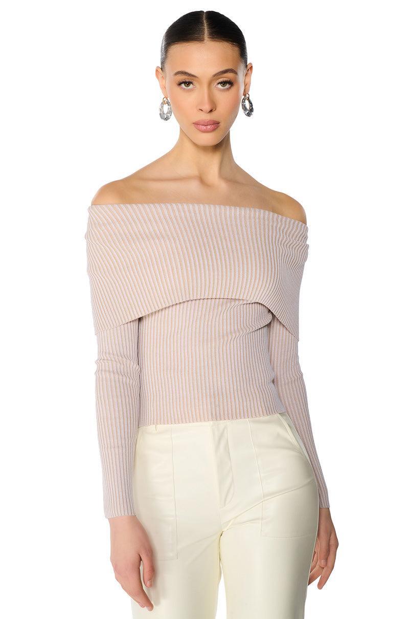 MELODY LONG SLEEVE OFF THE SHOULDER SWEATER IN BEIGE Product Image