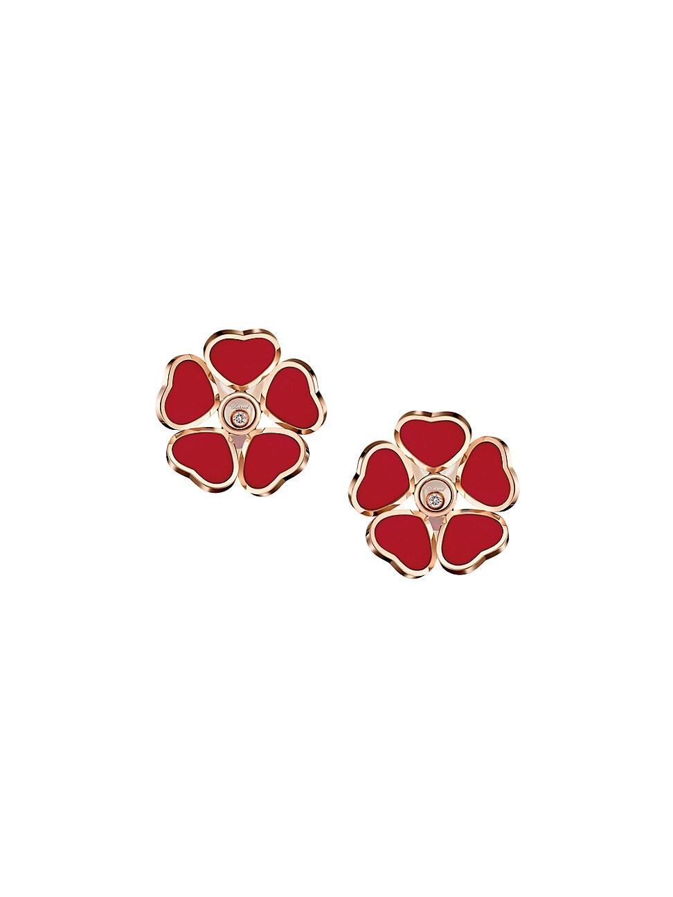 Womens Happy Diamonds Happy Hearts Flowers 18K Rose Gold, Diamond & Red Stone Earrings Product Image