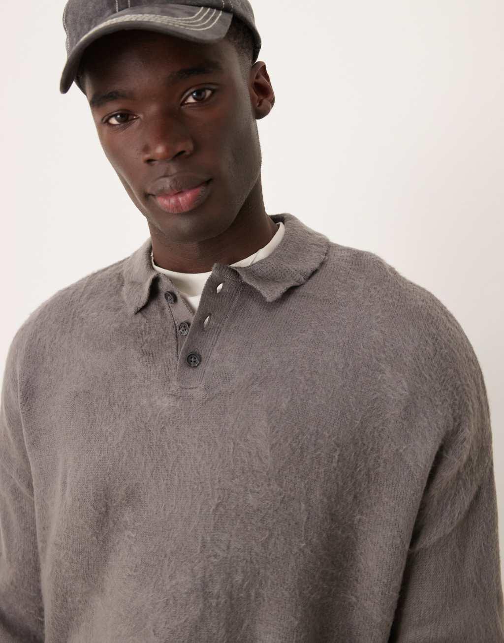 ASOS DESIGN oversized boxy fit polo sweater in brushed texture in gray Product Image