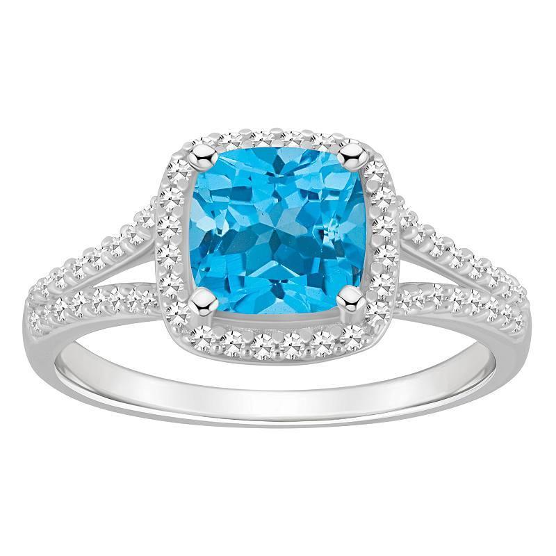 Celebration Gems Sterling Silver 7 mm Cushion Gemstone & 1/4 Carat T.W. Diamond Split Shank Ring, Womens Blue Topaz Product Image