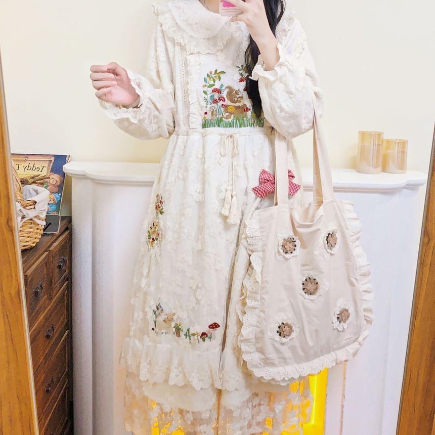 Long-Sleeve Collar Embroidered Lace Midi A-Line Dress Product Image