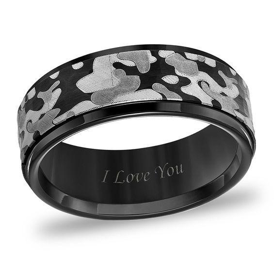 Men's 8.0mm Grey Camouflage Inlay Beveled Edge Wedding Band in Black Tungsten (1 Line) Product Image