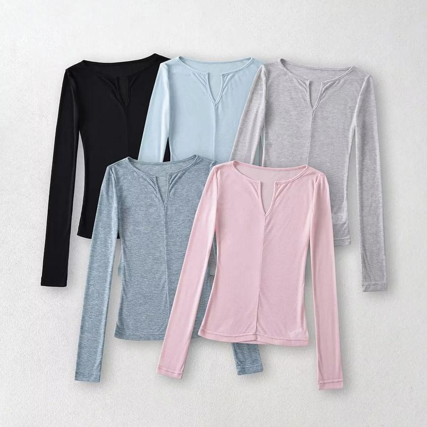 Long Sleeve Notch Neck Plain T-Shirt Product Image