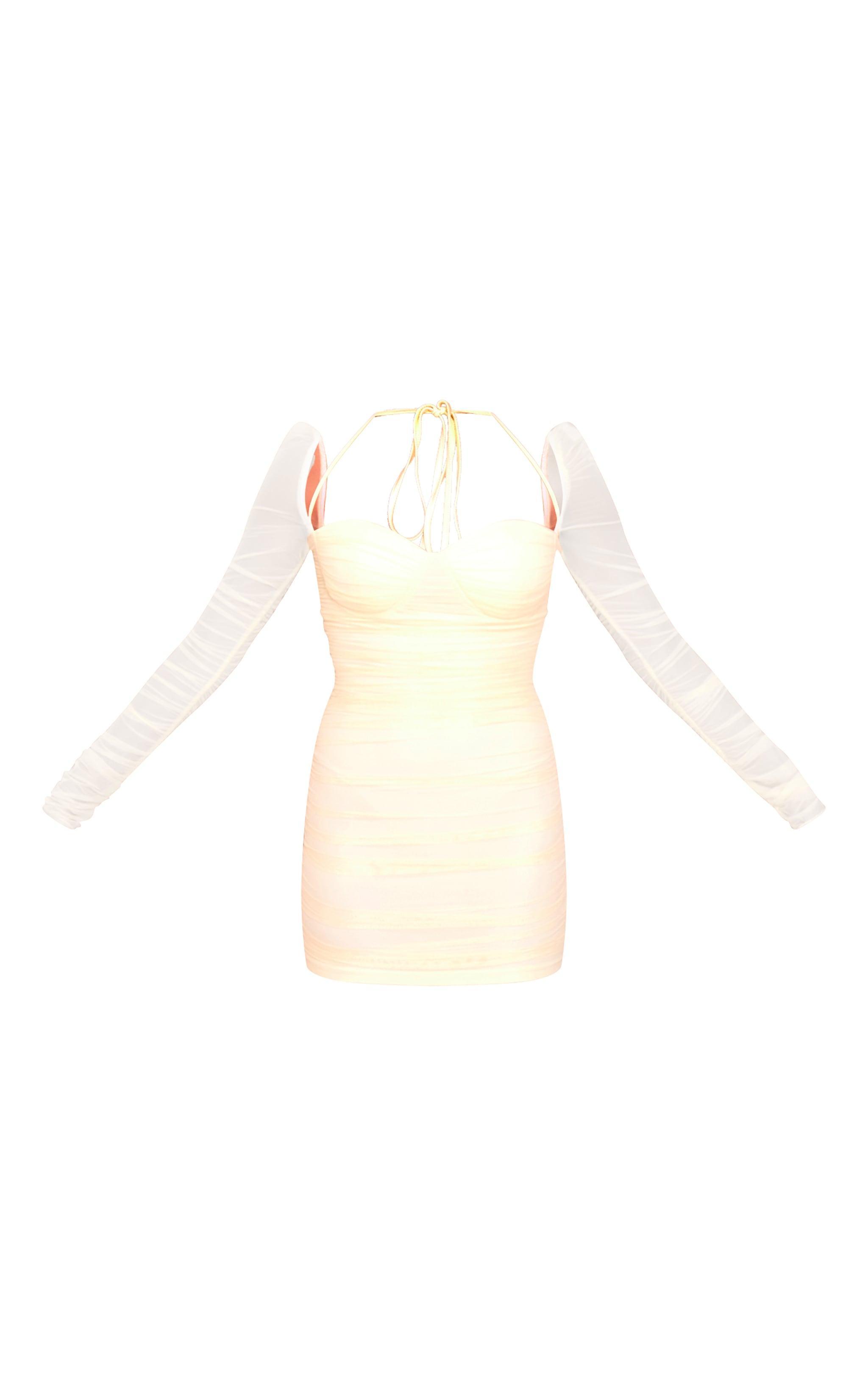 Cream Mesh Long Sleeve Ruched Cup Detail Mini Dress Product Image