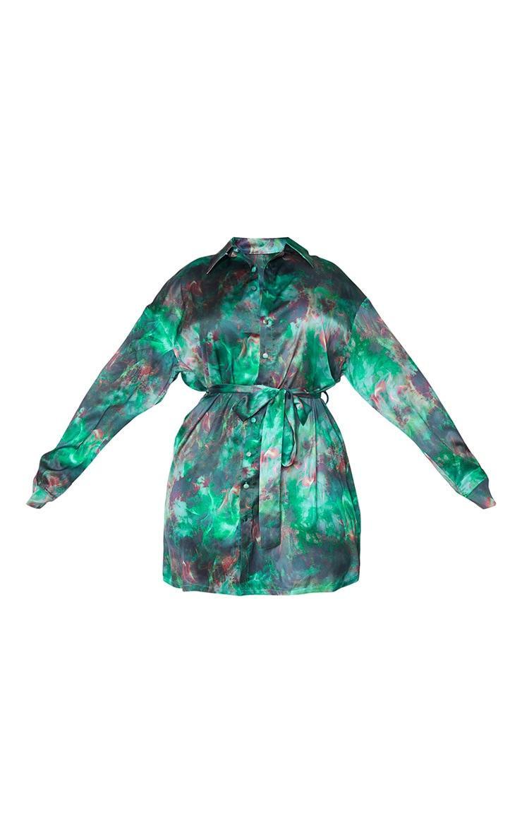 Plus Green Flame Tie Dye Printed Tie Waist Shirt Dress Product Image