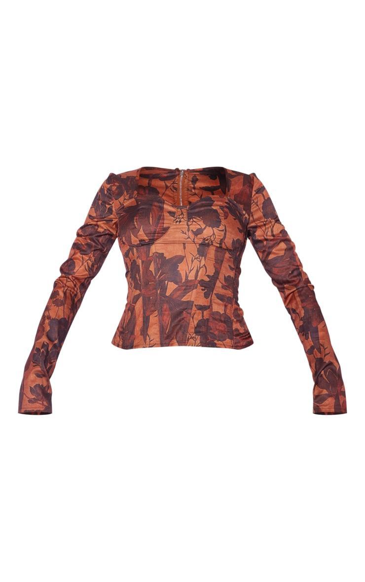 Brown Floral Print Boned Long Top Product Image