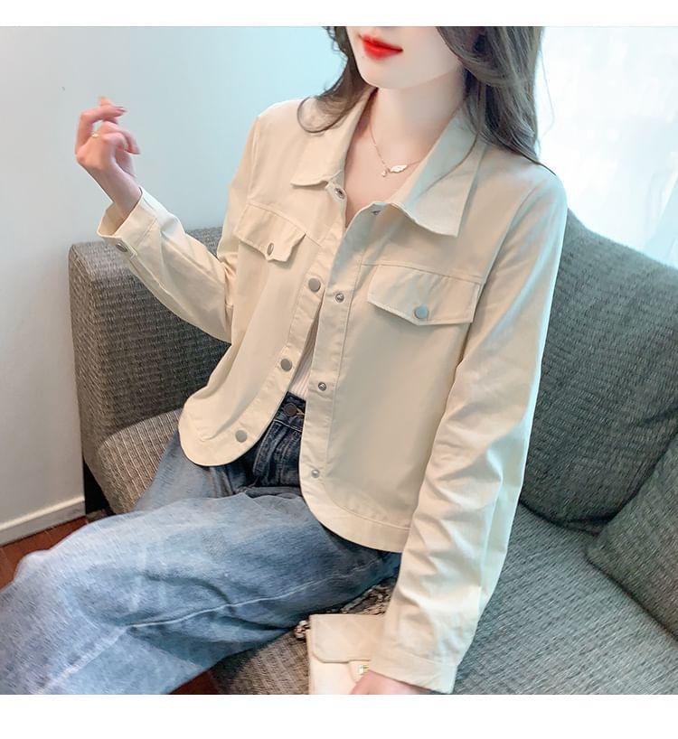 Collared Button-Up Plain Crop Jacket Product Image