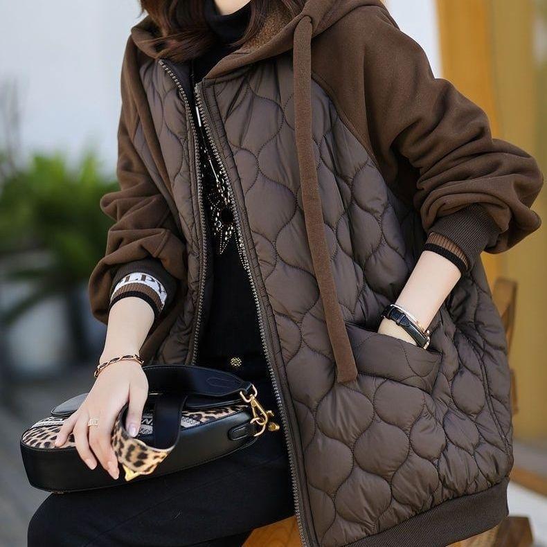 Hooded Plain Quilted Zip Up Jacket Product Image