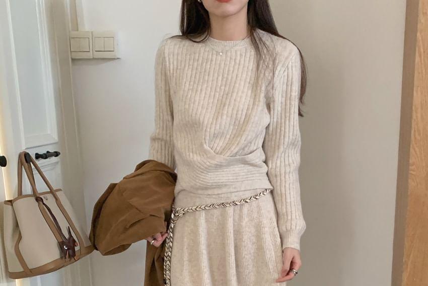 Set: Long-Sleeve Plain Knit Top + High Waist Maxi Skirt Product Image