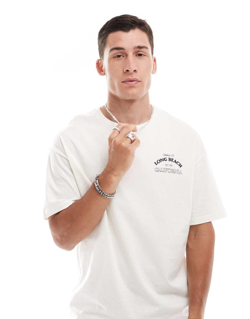 Jack & Jones oversized T-shirt with California back print in beige Product Image