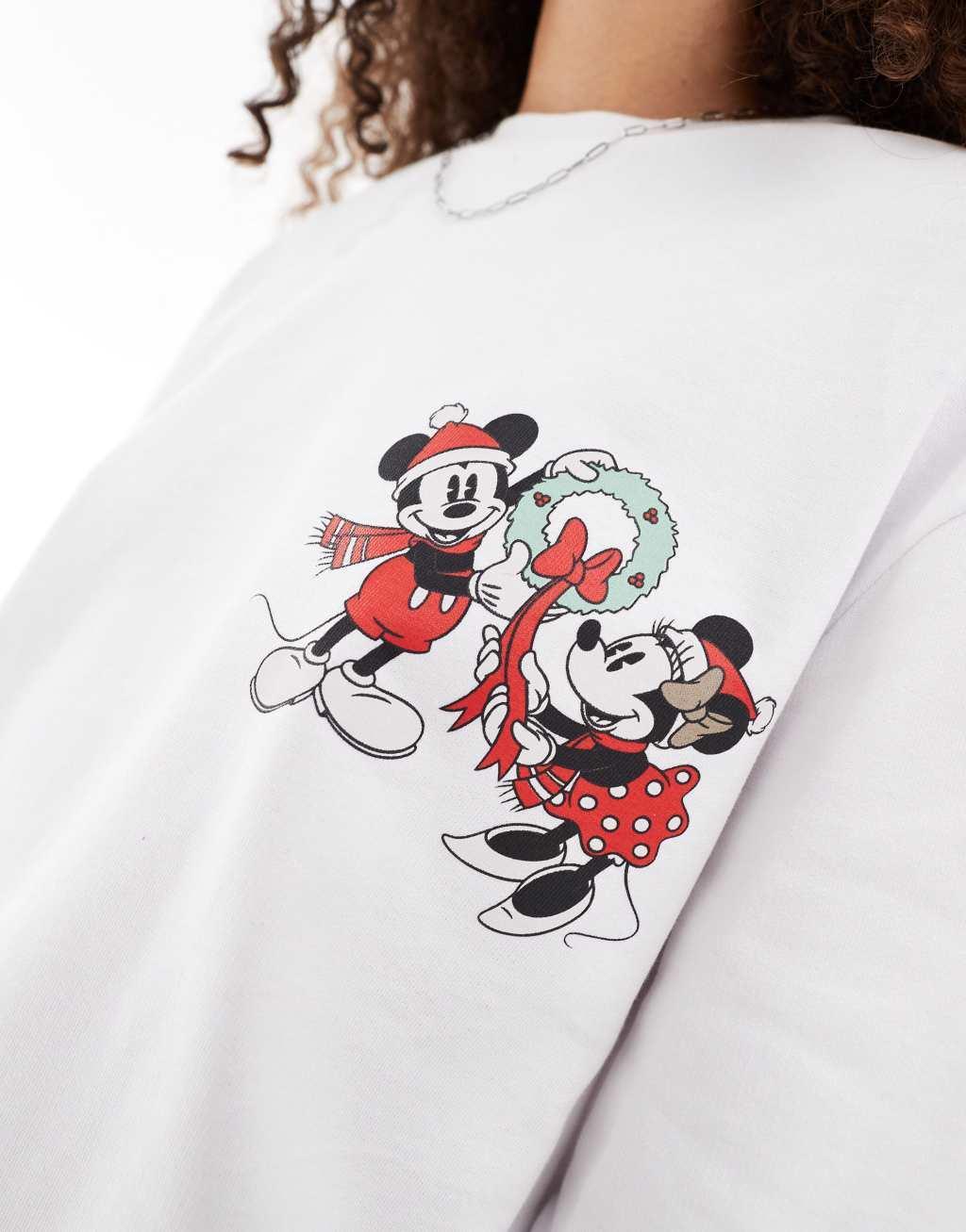 ASOS DESIGN Disney Christmas oversized sweatshirt with Mickey Mouse & Minnie Mouse prints in white Product Image