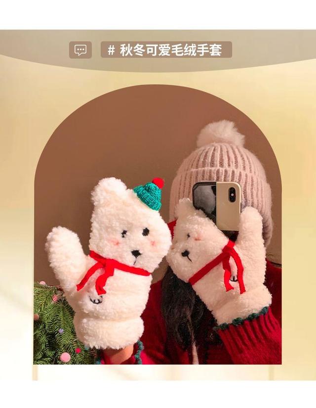 Bear Embroidered Fluffy Gloves Product Image