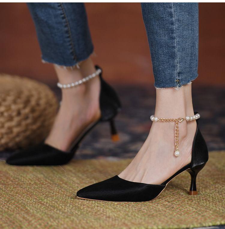 High Heel Pointed Toe Faux Pearl Ankle Strap D'Orsay Pumps Product Image