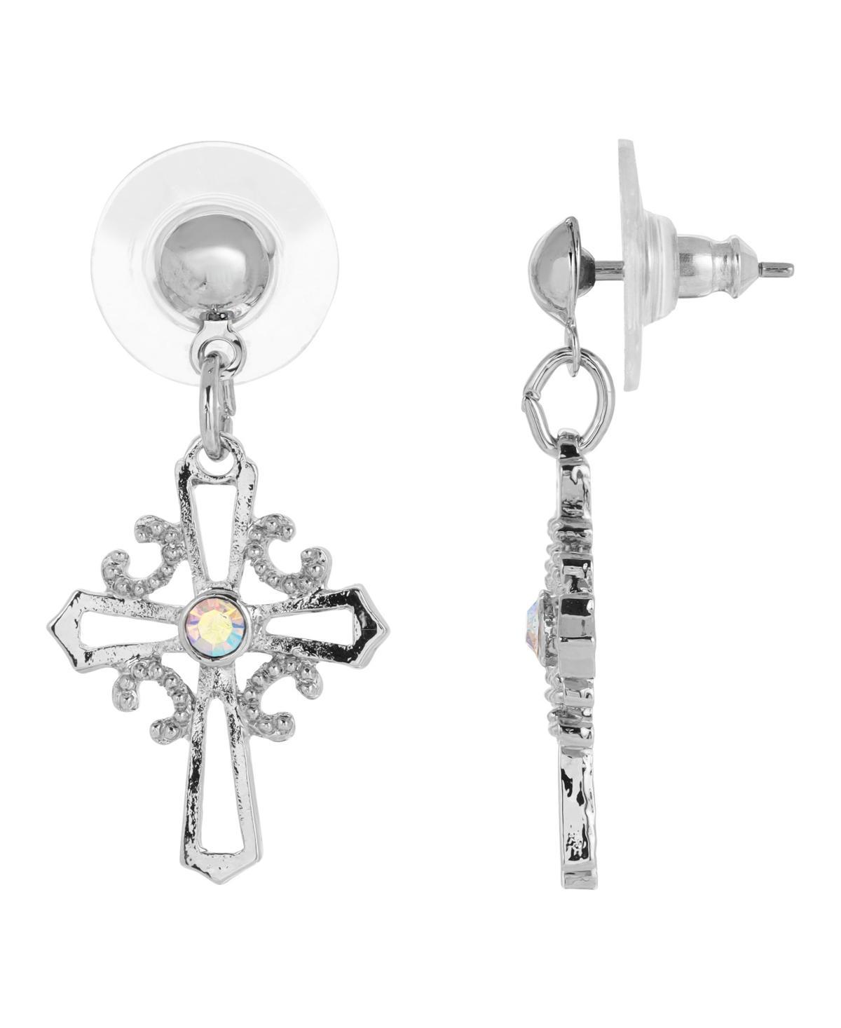 Symbols of Faith Silver-Tone Crystal Cross Drop Earrings, Womens, Silver Tone Product Image