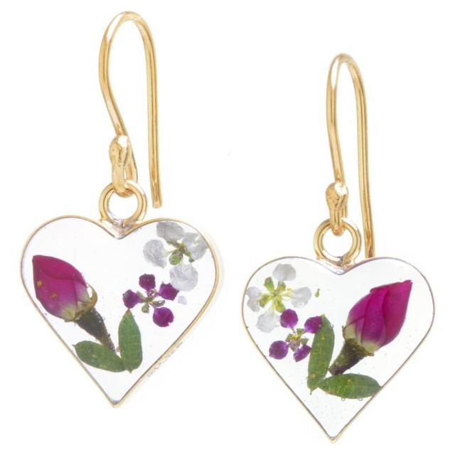 Womens Gold over Sterling Silver Pressed Flowers Small Heart Drop Earrings Product Image