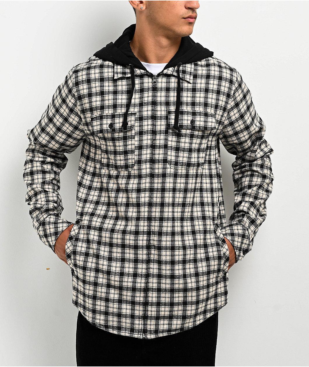 Empyre Chancer Black & Cream Plaid Hooded Zip Flannel Shirt Product Image