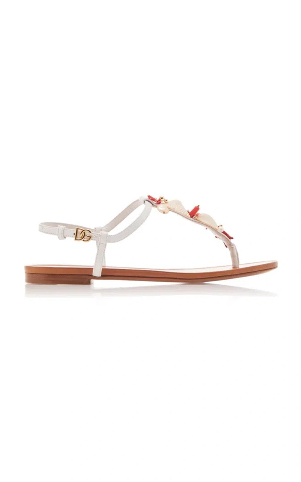 DOLCE & GABBANA Embellished Leather Sandals In White Product Image