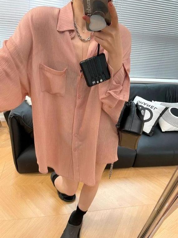 Long Sleeve Plain See-Through Loose-Fit Blouse Product Image