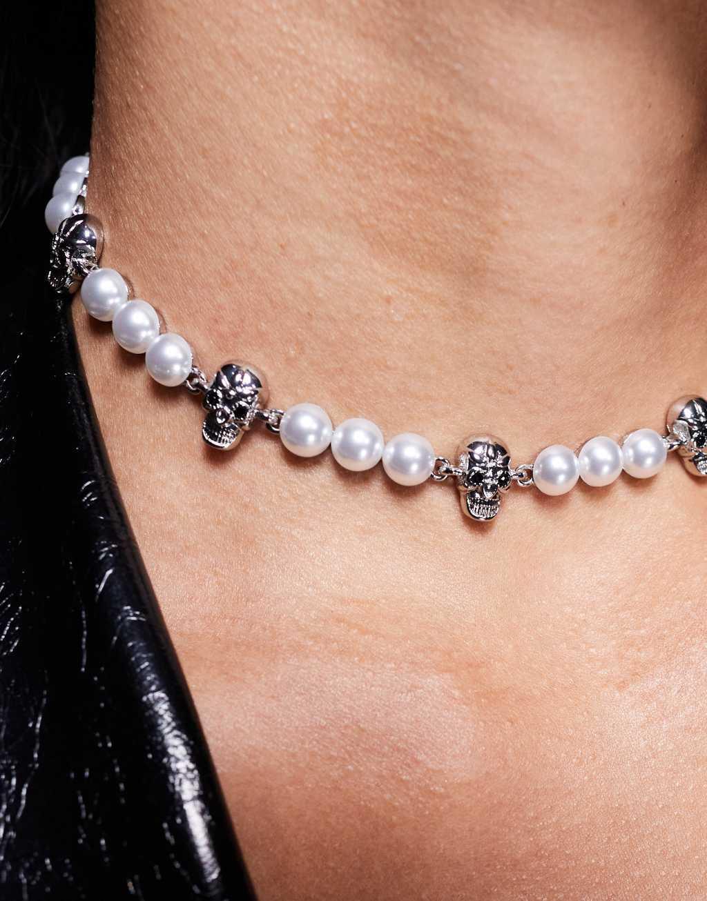 ASOS DESIGN Halloween choker necklace with faux pearl and skull design in silver tone Product Image