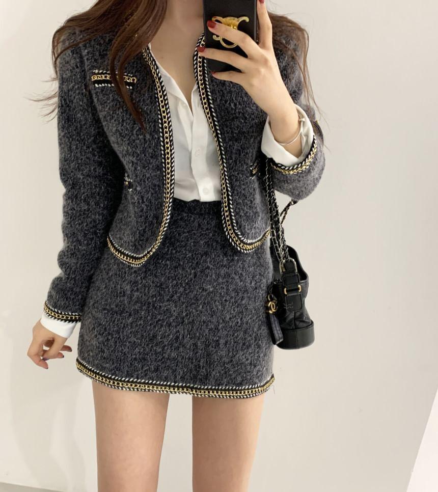 Set: Tweed Crop Jacket + Mini Pencil Skirt Product Image