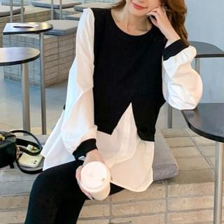 Maternity Long Sleeve Round Neck Two Tone Mock Two Piece Top Product Image