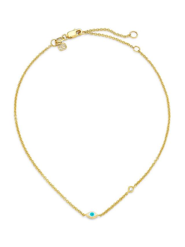 Womens Single 14K Yellow Gold, Mini Enamel & Diamond Evil Eye Anklet Product Image