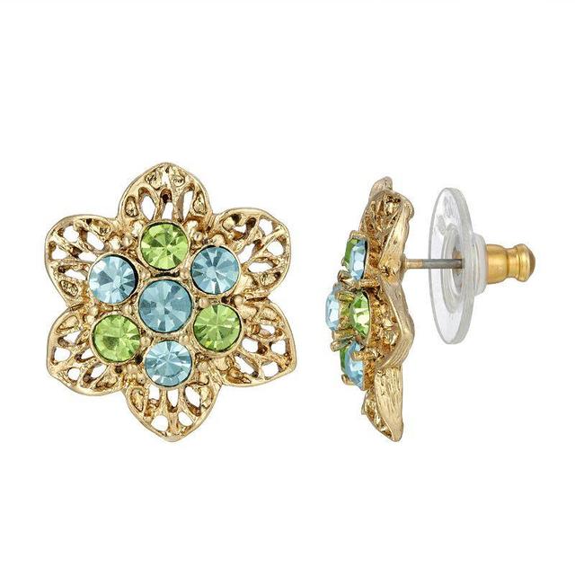 1928 Gold Tone Filigree with Aqua & Green Simulated Crystals Flower Stud Earrings, Womens Product Image