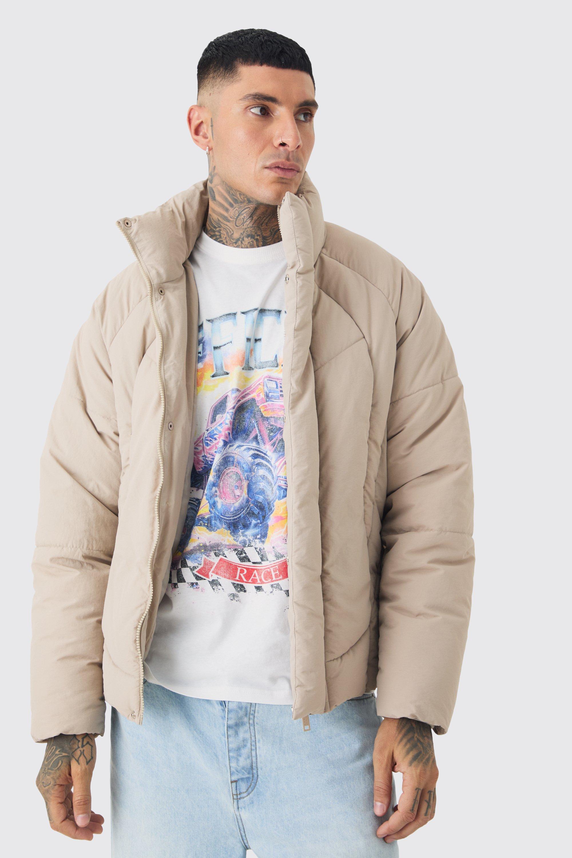 Tall Abstract Quilted Funnel Neck Puffer Jacket In Stone | boohooMAN USA Product Image