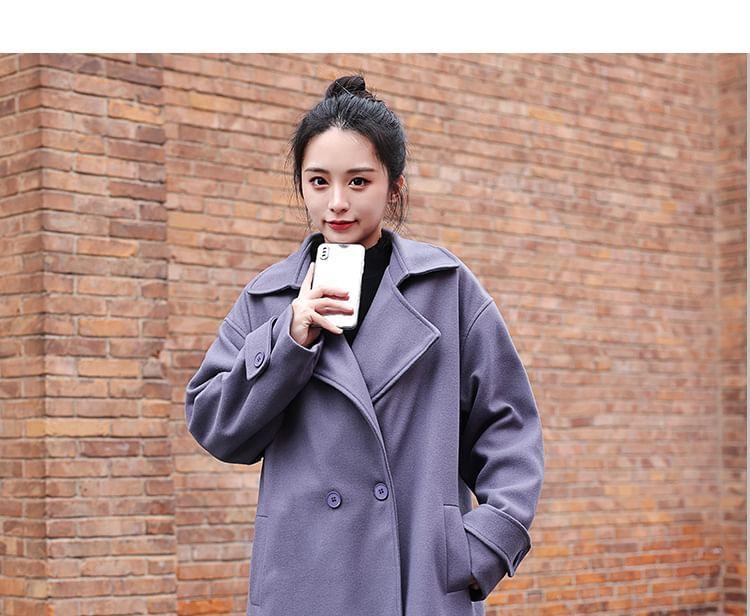 Lapel Collar Plain Double Breasted Long Coat Product Image