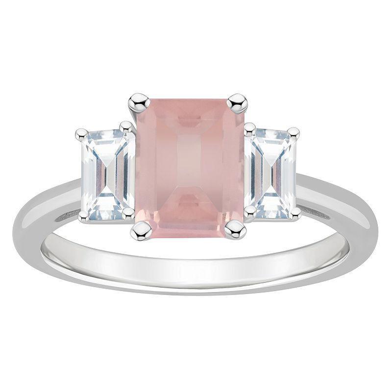 Alyson Layne Sterling Silver 8 mm x 6 mm Emerald Cut Gemstone & White Topaz Three-Stone Ring, Womens Pink Product Image