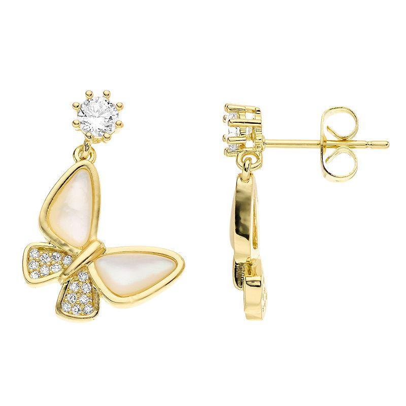 14k Gold Over Silver Mother-of-Pearl & Cubic Zirconia Butterfly Earrings, Womens, Yellow Product Image