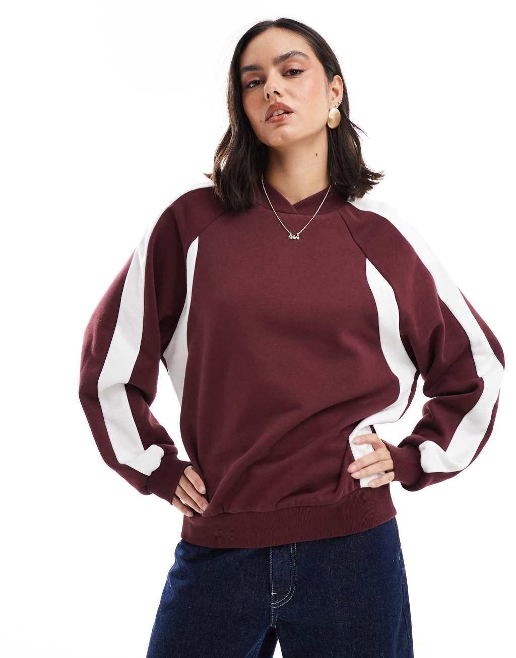 ASOS DESIGN panelled v neck sweatshirt in burgundy Product Image