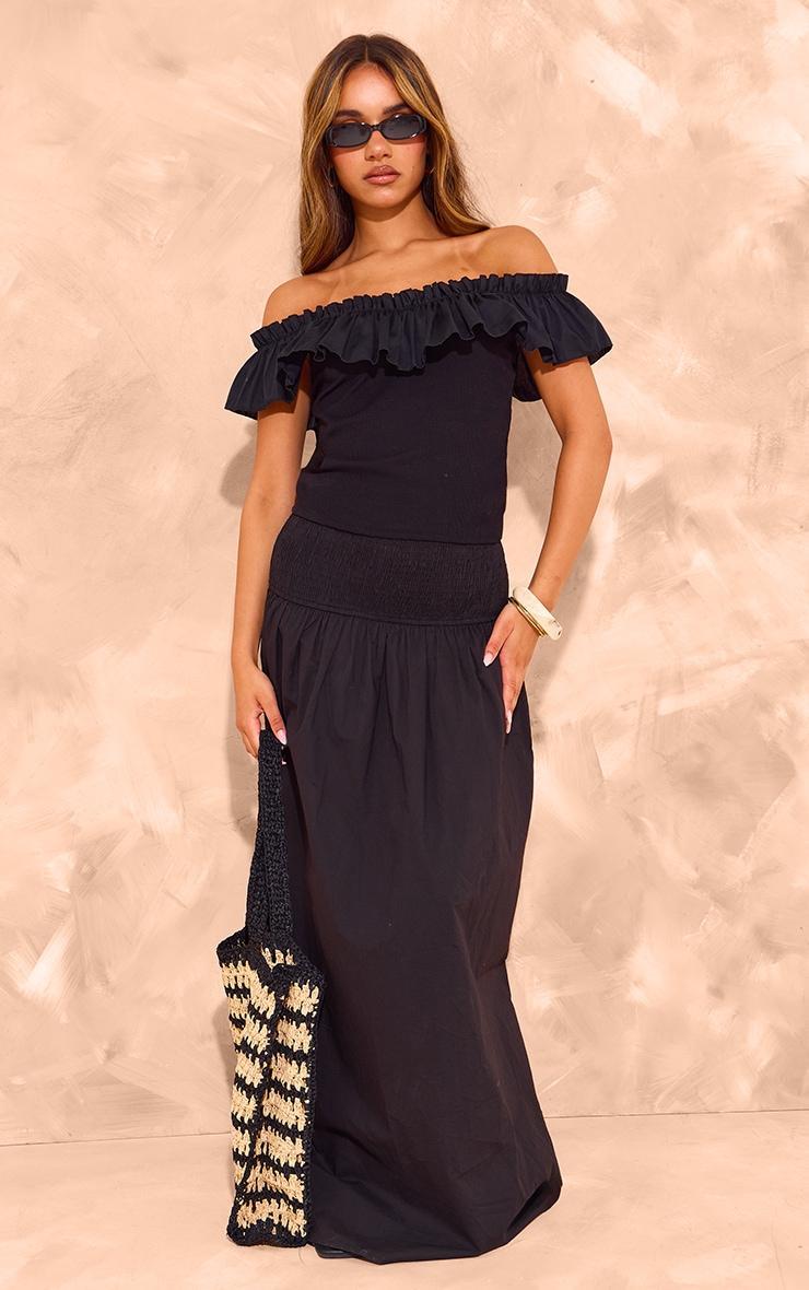 Black Rib Ruffle Bardot Long Top Product Image