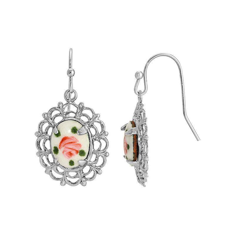 1928 Silver Tone Oval Filigree Flower Drop Earrings, Womens, Multi Product Image