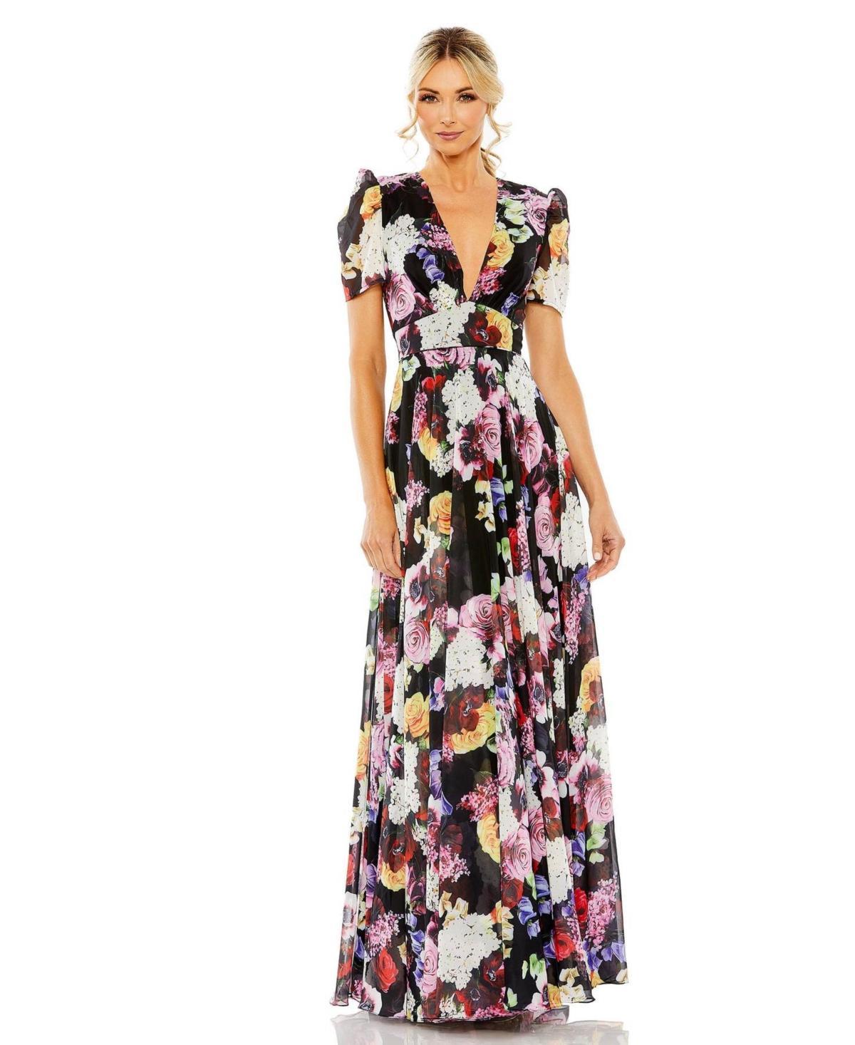 Ieena for Mac Duggal Floral Short Sleeve Pleated Gown Product Image