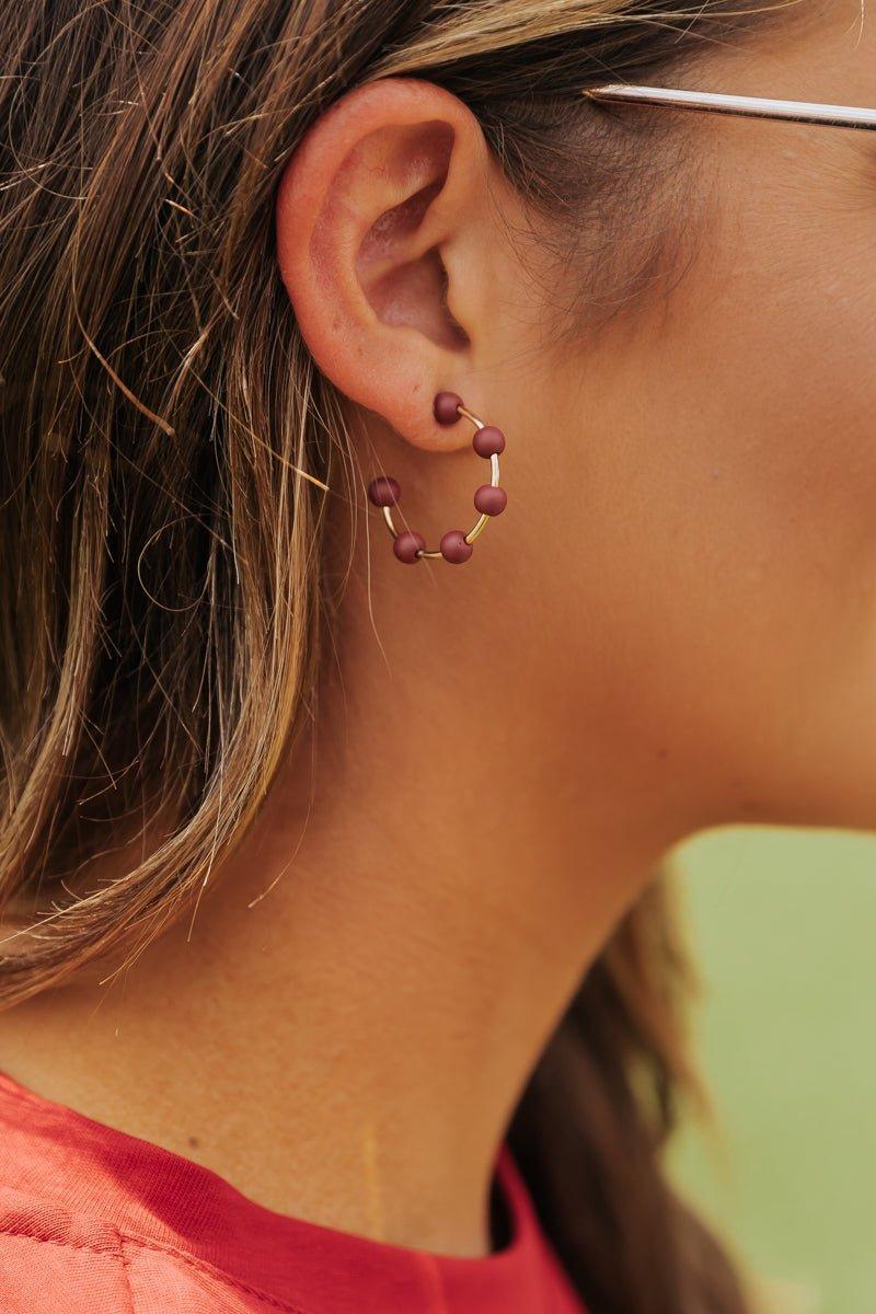 Maroon Beaded Hoop Earrings Product Image