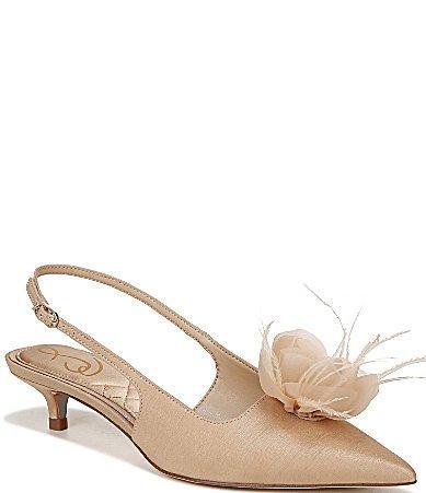 Sam Edelman Faye Satin Kitten Heel Slingback Sheer Flower and Feather Detail Pumps Product Image