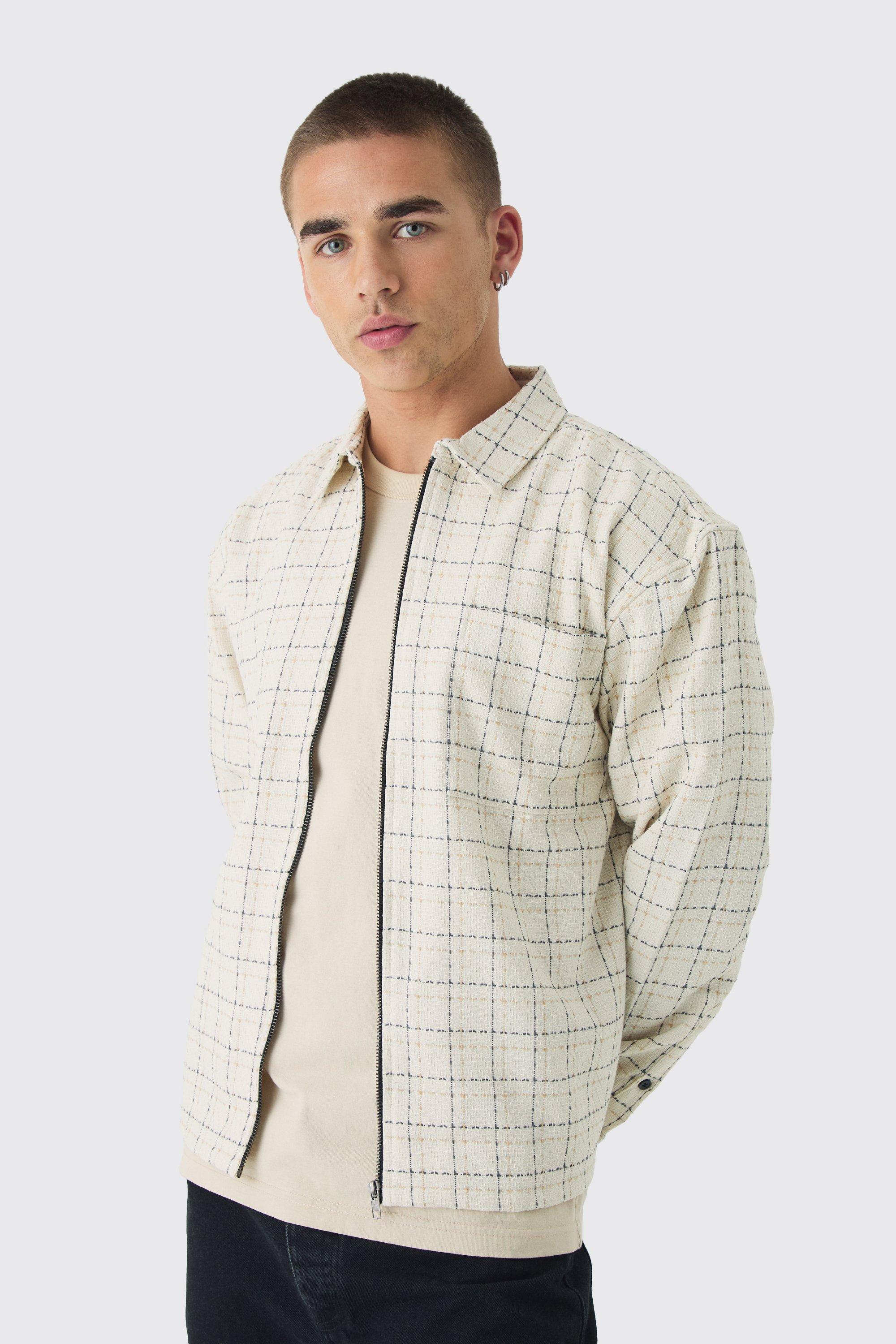 Mens Beige Oversized Boxy Boucle Check Zip Overshirt, Beige Product Image