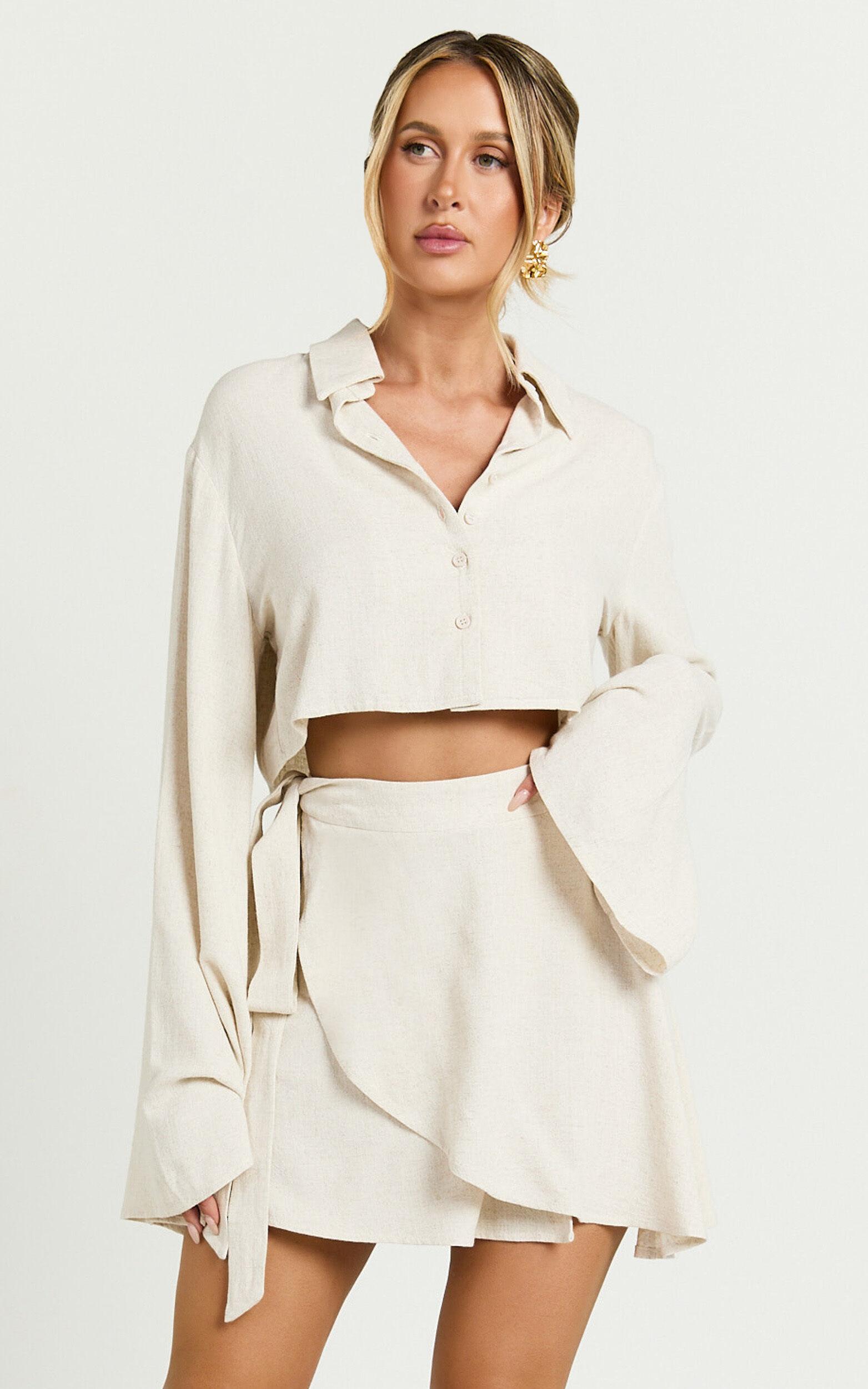 Emmy Two Piece Set - Linen Look Relaxed Crop Shirt and Wrap Skirt in Oat Product Image